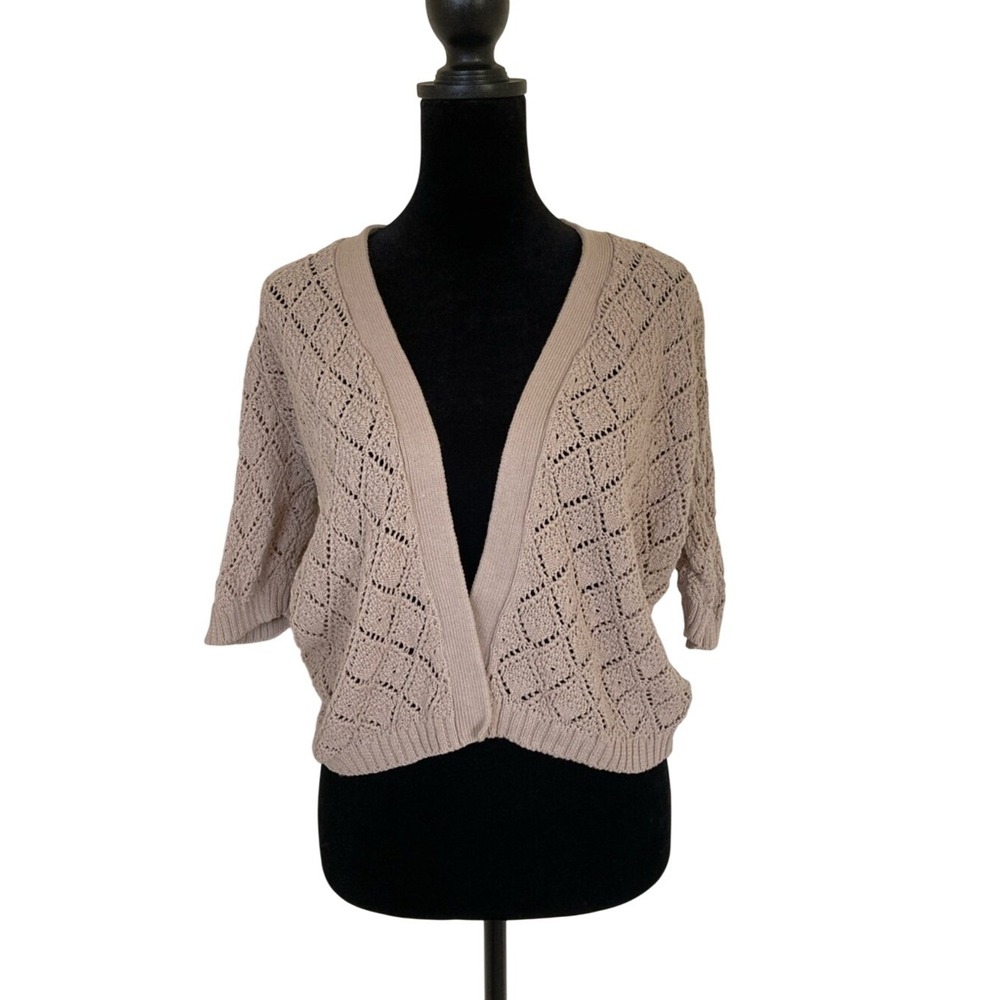 Jones New York Open-Front Knit Crop Cardigan Taupe‎ Size Medium Cotton Short Slv
